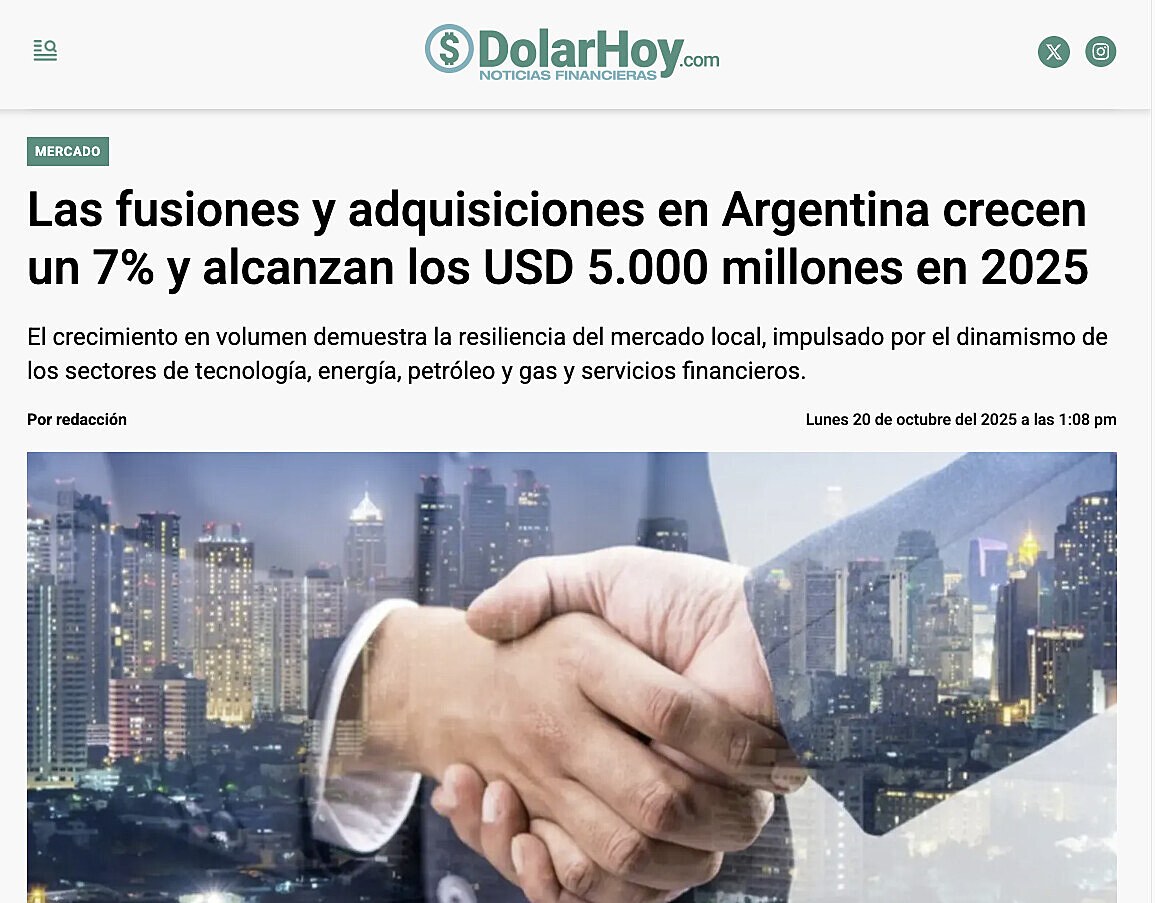 Las fusiones y adquisiciones en Argentina crecen un 7% y alcanzan los USD 5.000 millones en 2025